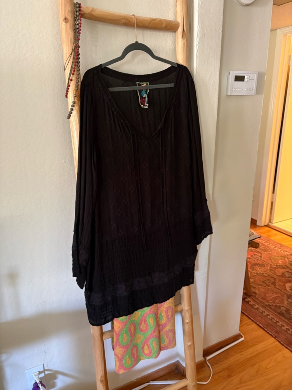 Johnny Was Black Boho Mini Dress with Lace Trim